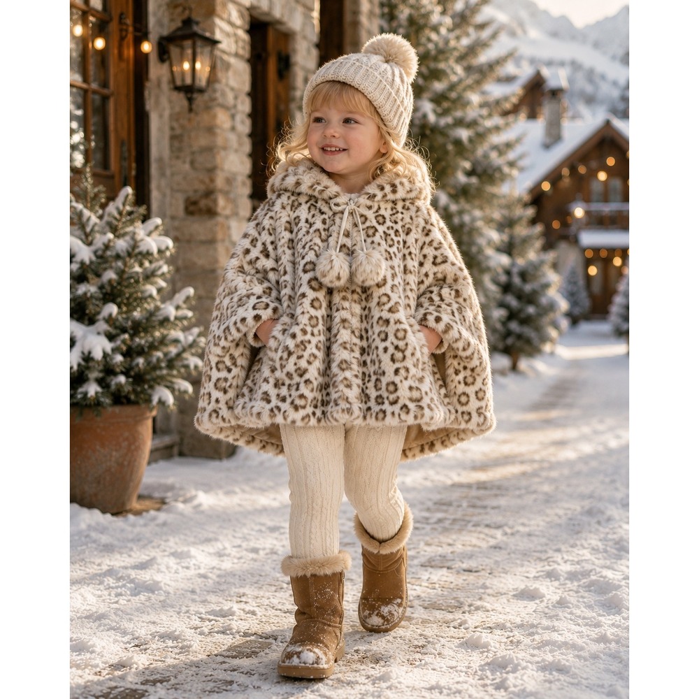 Donna Salyers Fabulous-Furs Hooded Poncho Kids M Leopard Print Faux Fur Cape Zip